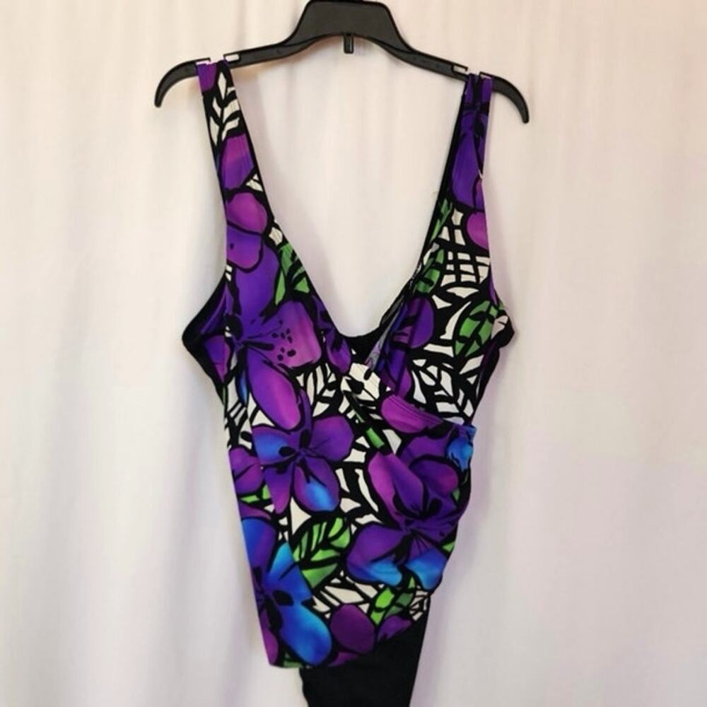 Vintage Robby Lens 80’s Purple Black Floral One Piece Swim Suit Medium Large
